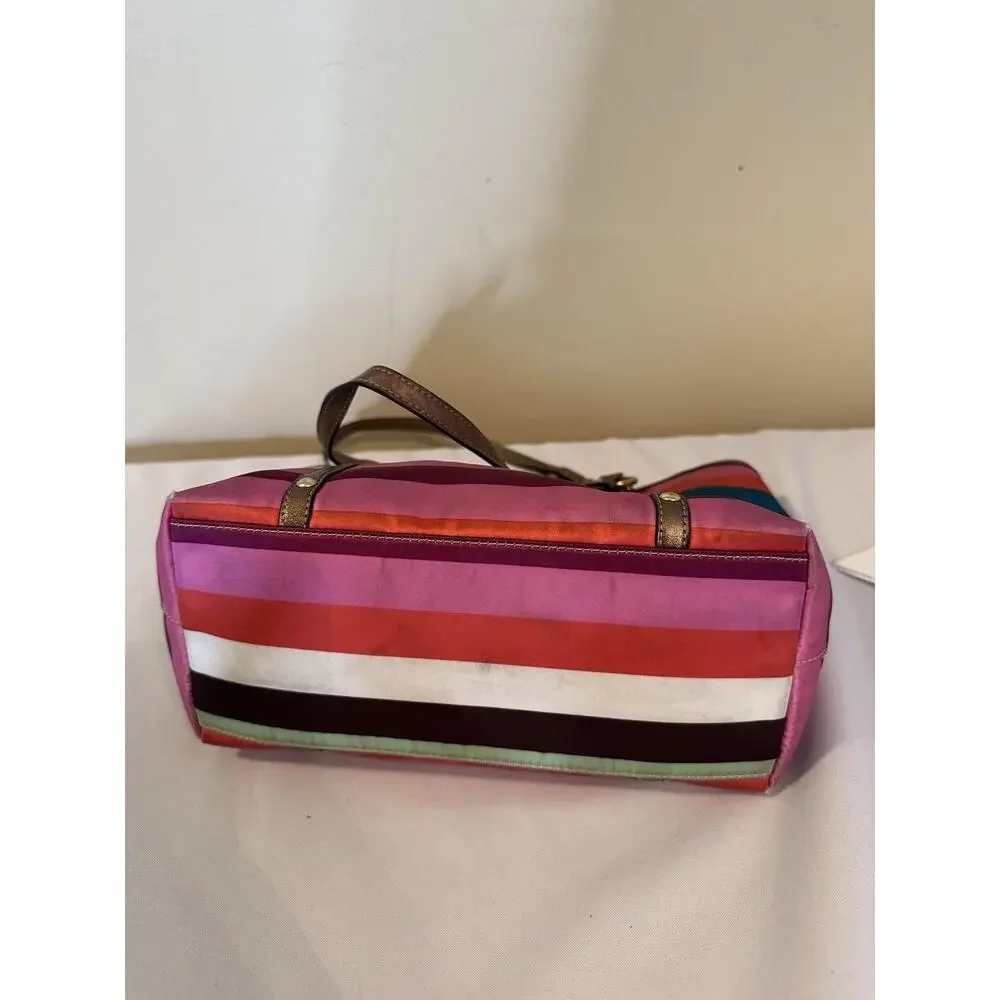 VTG Coach Tote Bag Medium Multicolor Satin Stripe Shoulder Zip Leather Trim Y2K